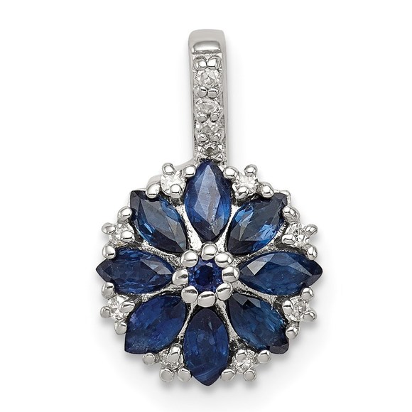 925 Sterling Silver Rhodium Plated Diamond & Blue Sapphire Necklace Pendant